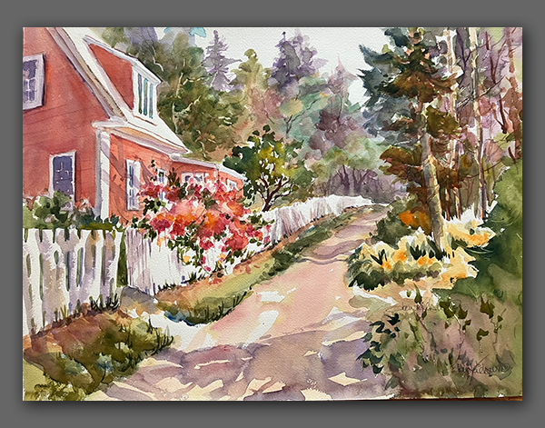 Jan Kilburn original watercolor, "Red House with Roses"