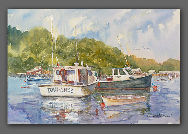 Jan Kilburn print from original watercolor, "New Harbor Boats"