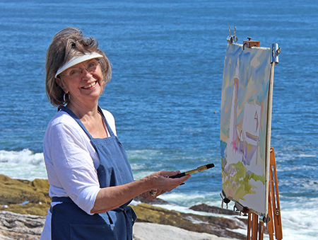 Jan Kilburn painting watercolors at Pemaquid Point, Maine